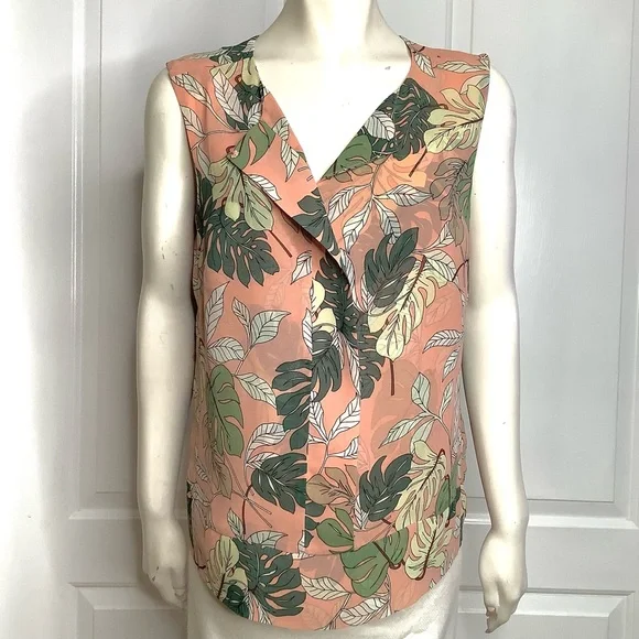 CABI 53511  Melon & Green Tropical Sleeveless Blouse V-Neck Or Snap Up To Round - Picture 2 of 15